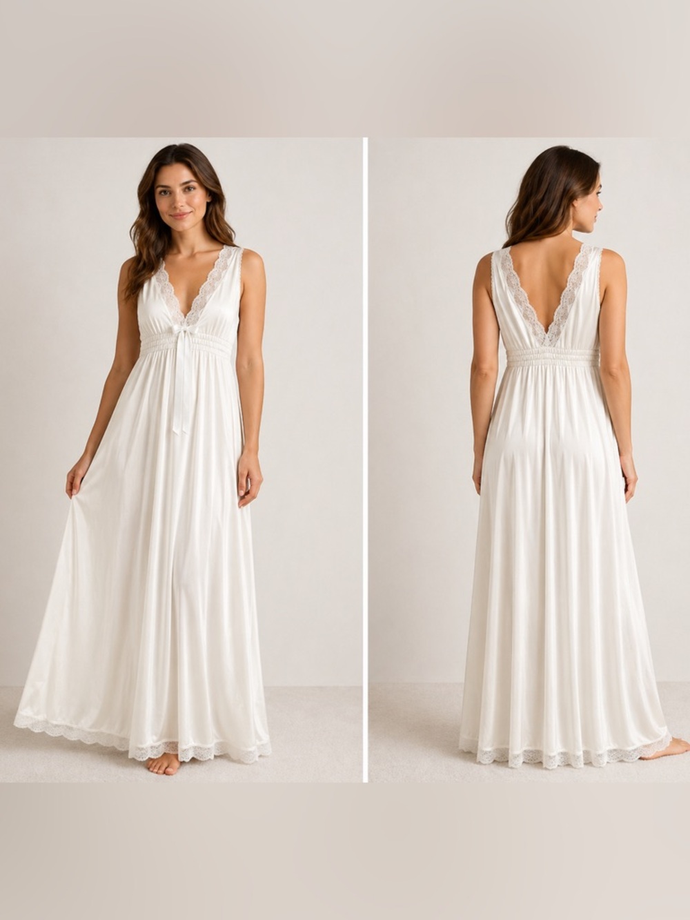 Vintage Miss Elaine Cream Nightgown Full Length Size S Lace Trim Wedding Classic